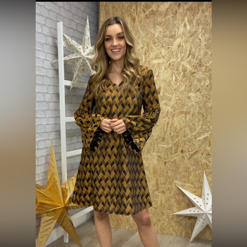 Brown and Black A-line Dress with V-neck and Bishop Sleeves